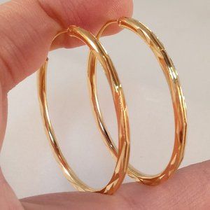 18K Yellow Gold Filled Carved Continuous Circle Hoop Dangle Earrings Party Gift